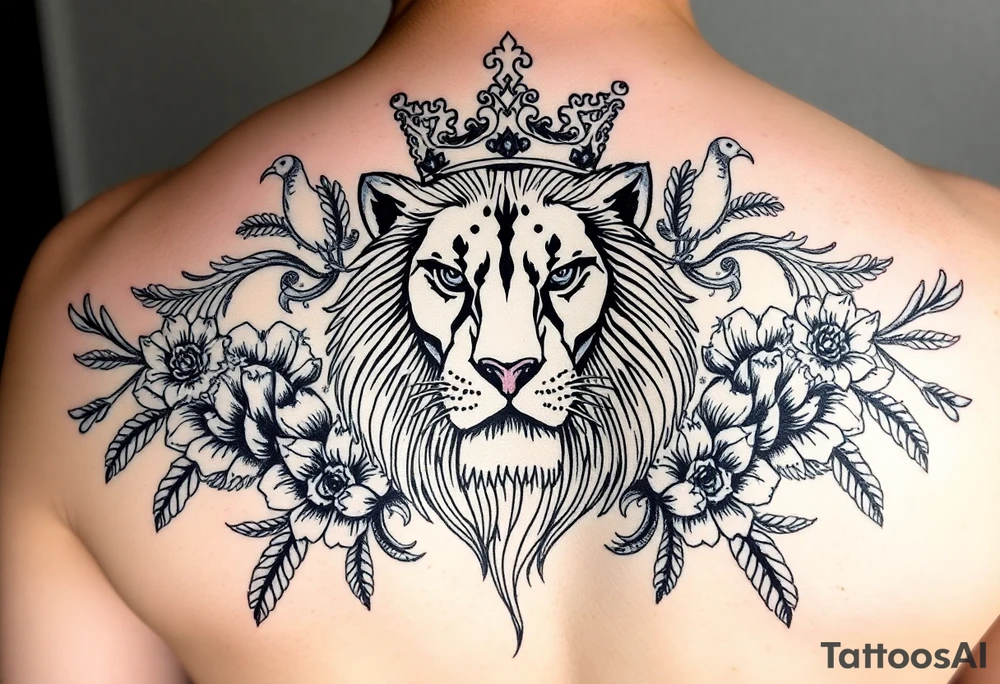 powerful majestic lion with a crown, surrounded by floral ornaments and birds tattoo idea