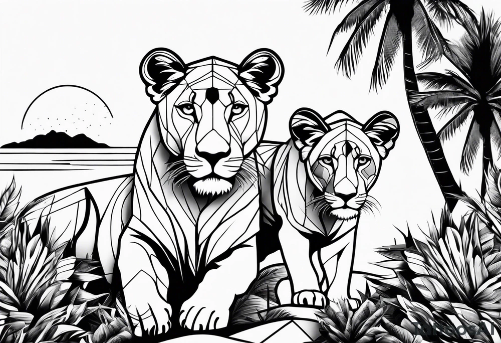 lioness and cub sun palm tree tattoo idea