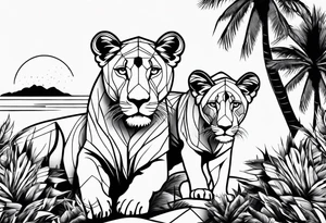 lioness and cub sun palm tree tattoo idea