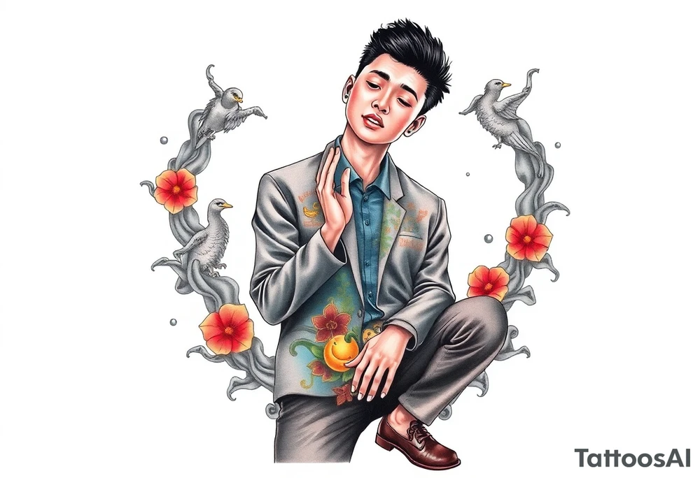Handsome Asian young guy is standing on his knees apologising tattoo idea