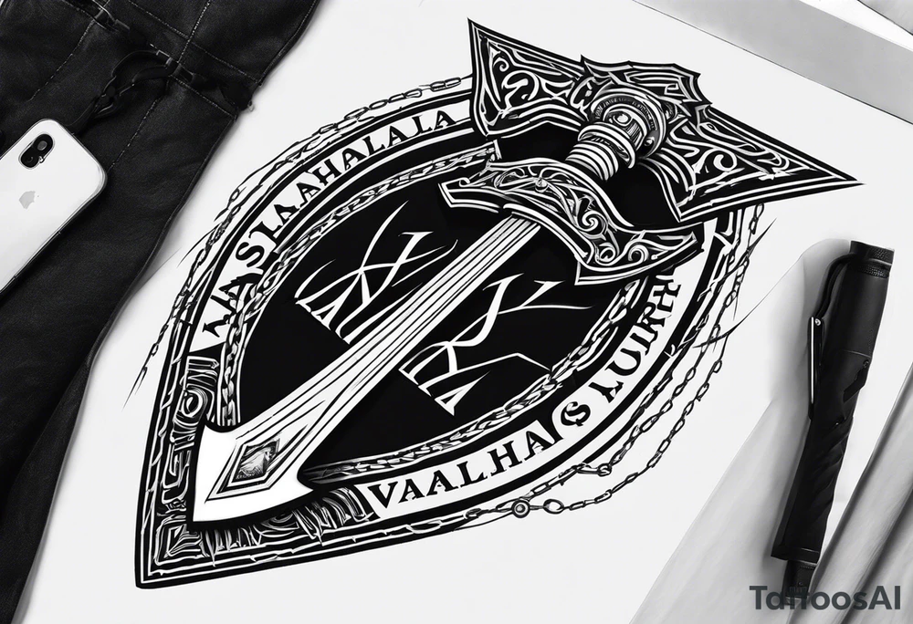 Valhalla sword round
shield axe barbed wire chains dark cloud lightning tattoo idea