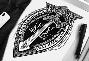 Valhalla sword round 
shield axe barbed wire chains dark cloud lightning tattoo idea