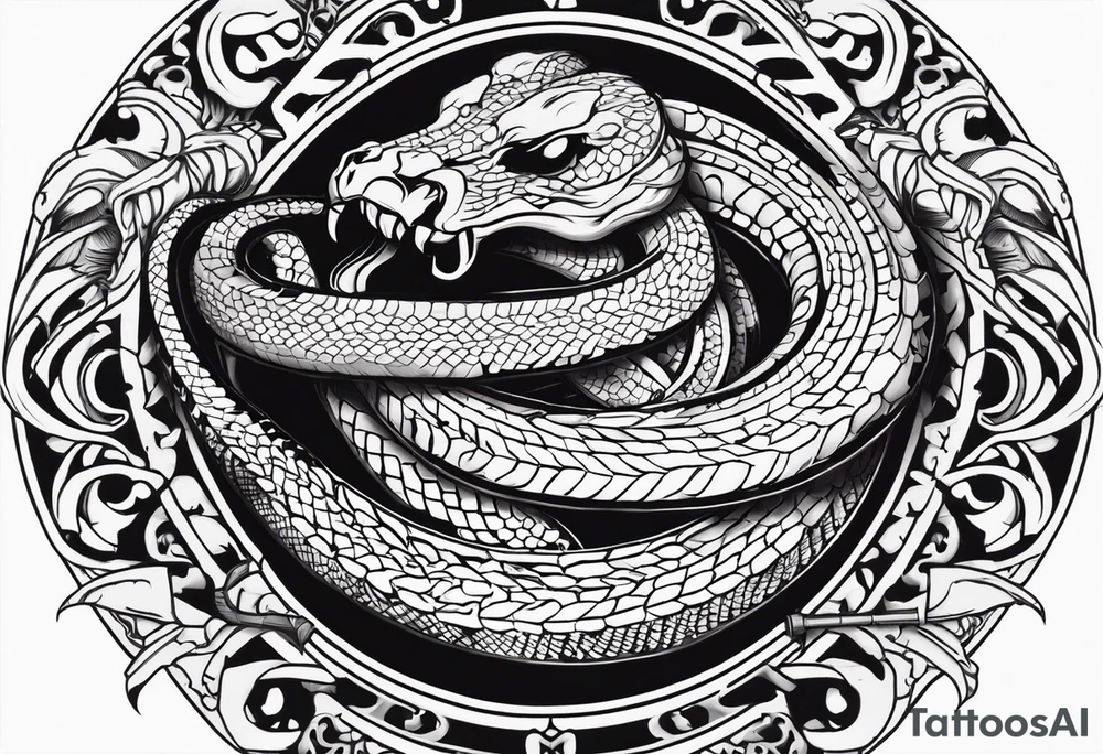 Aggresive Long Snake "phyton" with a sword, this design must be in a vertical vertical proportion. Skull appears tattoo idea