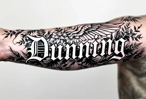 Dunning, left forearm details include angel wing, greek type of font,jungle leaves, name in white color tattoo idea