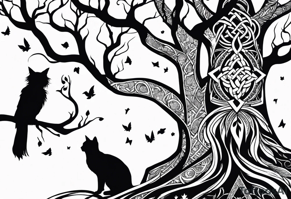 world tree with a cat and a raven and knotwork upper arm tattoo tattoo idea