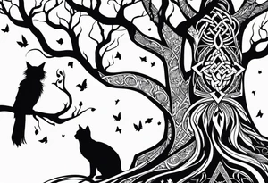 world tree with a cat and a raven and knotwork upper arm tattoo tattoo idea