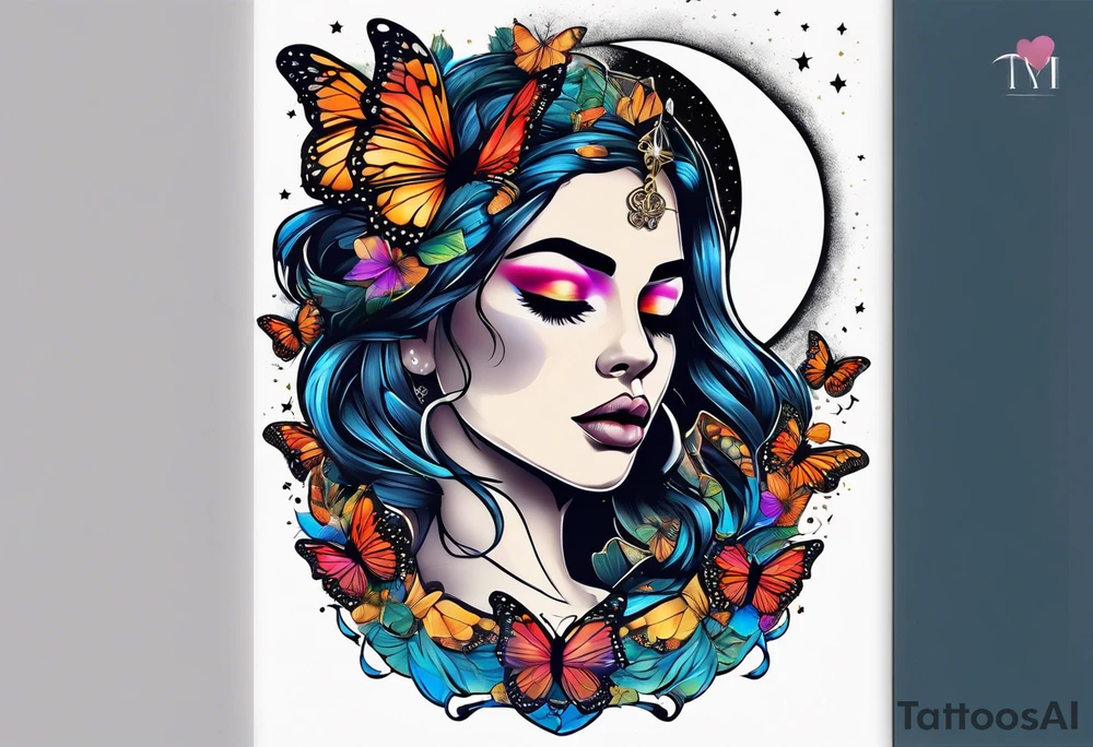 Beautiful woman blindfolded with butterflies in her hair, half encompassed by a half moon that she sits on, with the scales of justice hanging fr9m the half moon illuminated by bright colors, with the moon and stars and contemplations as a background tattoo idea