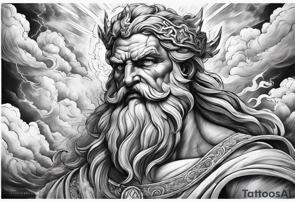 Zeus with a lightning bolt on clouds and Hades in hell below tattoo idea Zeus with a lightning bolt on clouds and Hades in hell below tattoo idea