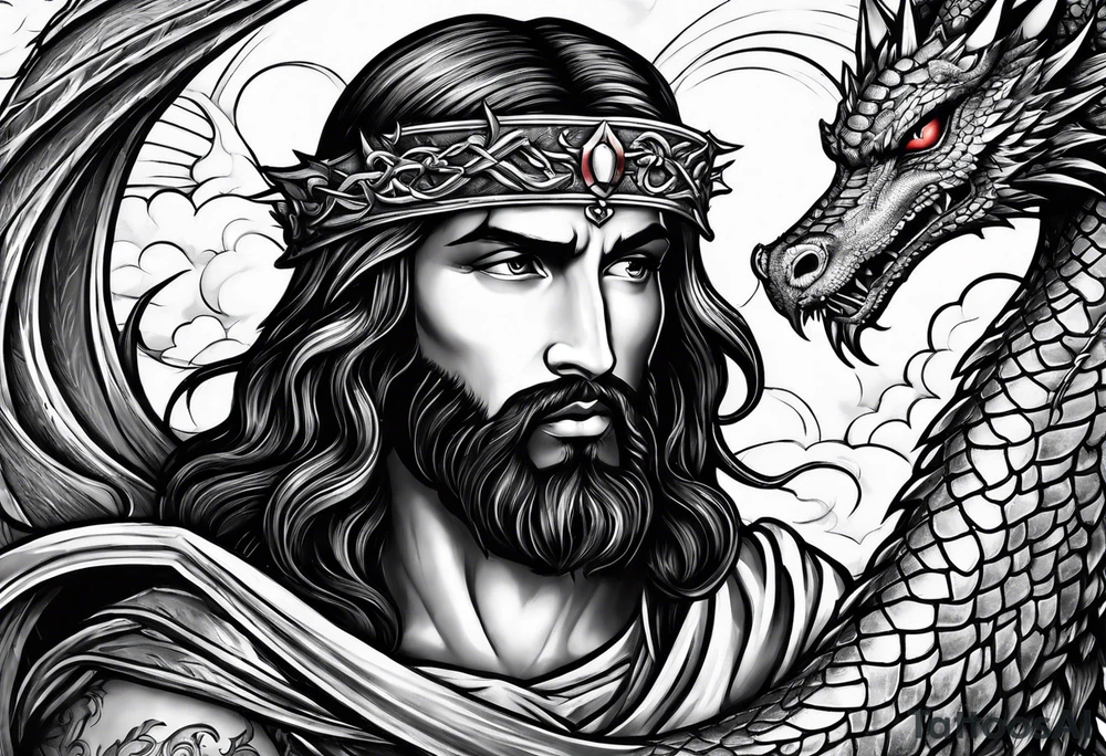 Jesus stabbing a dragon in the heart with a spear tattoo idea