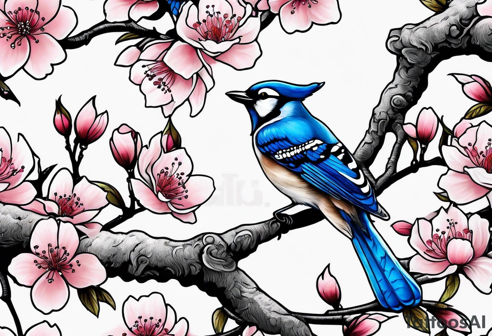 Back tattoo of a cherry blossom tree with three blue jays on the tree tattoo idea