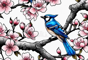 Back tattoo of a cherry blossom tree with three blue jays on the tree tattoo idea