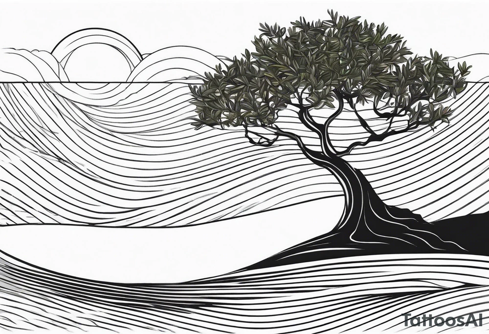 Olive tree into waves, ocean, sun tattoo idea