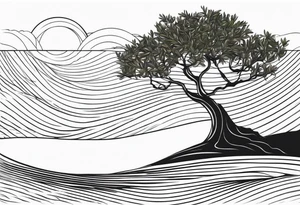 Olive tree into waves, ocean, sun tattoo idea