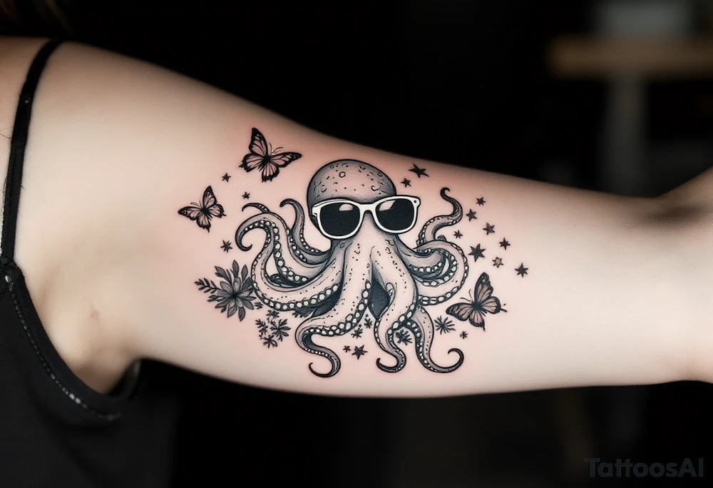 cute octopus, wearing sunglasses, friendly, surrounded by butterflies and oceanic items, grey ink tattoo idea