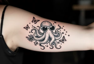 cute octopus, wearing sunglasses, friendly, surrounded by butterflies and oceanic items, grey ink tattoo idea