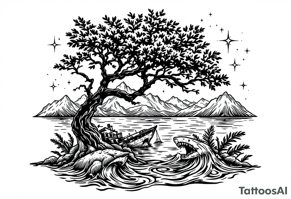 tattoo that has an acacia tree with mountains, ocean with a ship wreck with sharks and the northern star tattoo idea