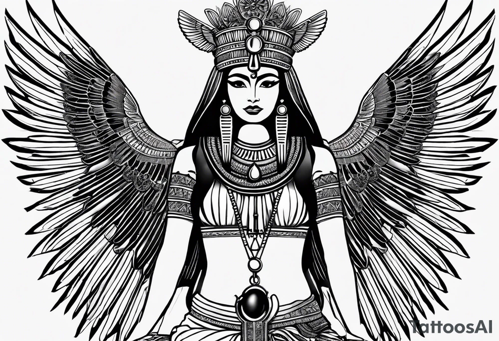 black and white Egyptian goddess Isis, who is often depicted as a woman with outstretched wings, holding an ankh (a symbol of life) in one hand and a lotus flower in the other. Her headdress often includes a throne or a solar disk. The tattoo design can vary in style and size, but it typically aims to capture the essence of this revered Egyptian deity, emphasizing her beauty, power, and maternal qualities. The choice of colors and additional elements can also be customized to create a unique and visually striking representation of the goddess Isis tattoo idea