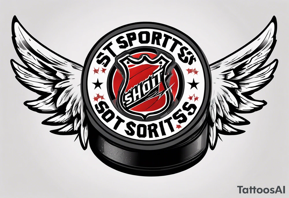 hockey puck with wings that says "SHOT SPORTS" tattoo idea