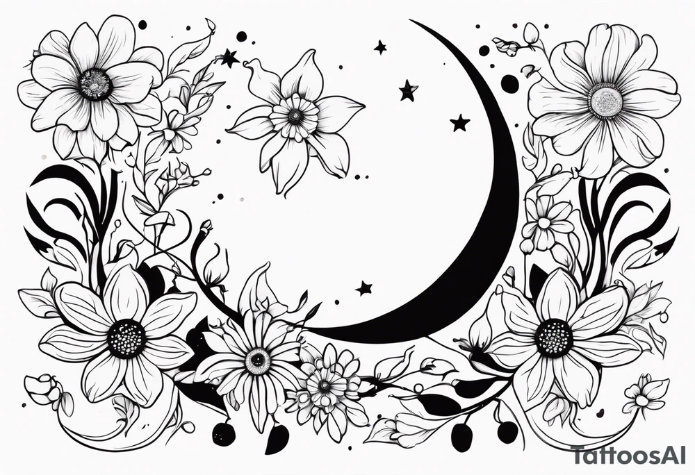 Crescent moon with daisy's, lily’s, crystals, and mushrooms tattoo idea