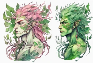 a slender and beautiful male dryad with green skin and long pink hair and roots instead of feet tattoo idea