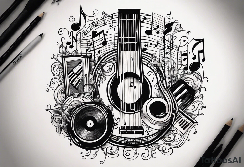 1/4 sleeve length
music notes, a cassette tape, and
instruments tattoo idea