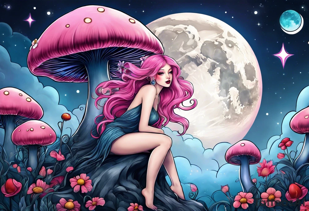 fairy with pink hair, eating a mushroom under the moon, tripping balls tattoo idea