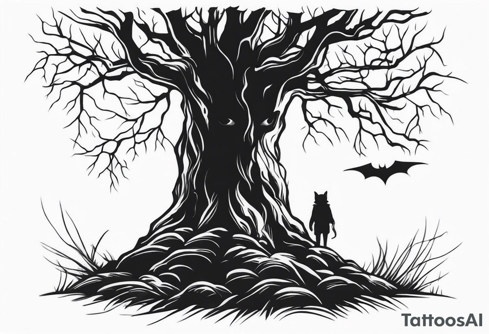 creepypasta creature looking behind a tree tattoo idea