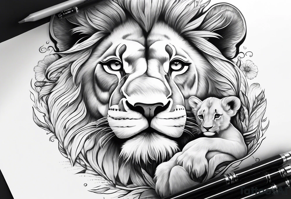 shoulder sleeve with lion and cub, landscape background tattoo idea