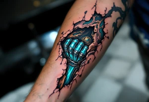 A tattoo of torn-away skin revealing biomech tendons in shimmering teal and plated titanium knuckles. tattoo idea