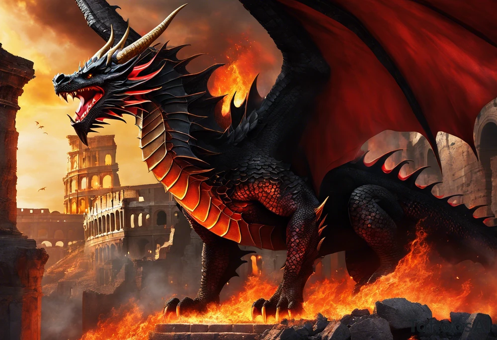A majestic black and red dragon with shimmer golden scales standing in the burning ruins of a crumbling colosseum with flames and ash around his feet. This dragon depicts power, danger, and awe billowing flames from his mouth into the sky with wings outstretched. Show the dragon standing within the ruined, burning colosseum with crumbling columns on either side, with him blowing flames into the air. tattoo idea