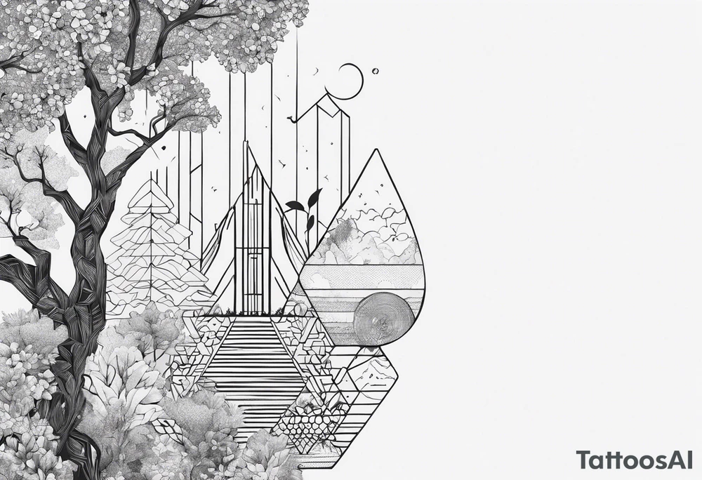 tattoo fine line, contendo árvore da vida, símbolos geométricos, textos em latim sobre força e coragem, DNA,  no ante braço masculino tattoo idea