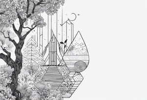 tattoo fine line, contendo árvore da vida, símbolos geométricos, textos em latim sobre força e coragem, DNA,  no ante braço masculino tattoo idea