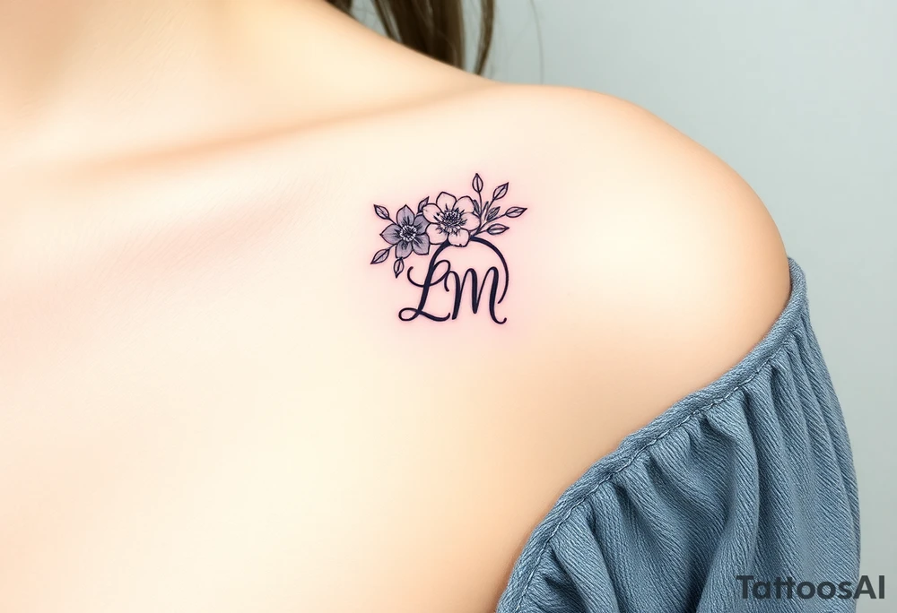 wedding ring tattoo with flowers and L and M initials tattoo idea