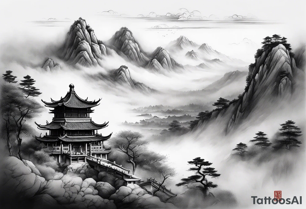 forearm sleeve traditional chinese art painting style autumn mountains mist fog water Chinese temple female with pony tail wearing robes seated meditating far off in the distance tattoo idea