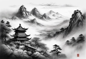 forearm sleeve traditional chinese art painting style autumn mountains mist fog water Chinese temple female with pony tail wearing robes seated meditating far off in the distance tattoo idea