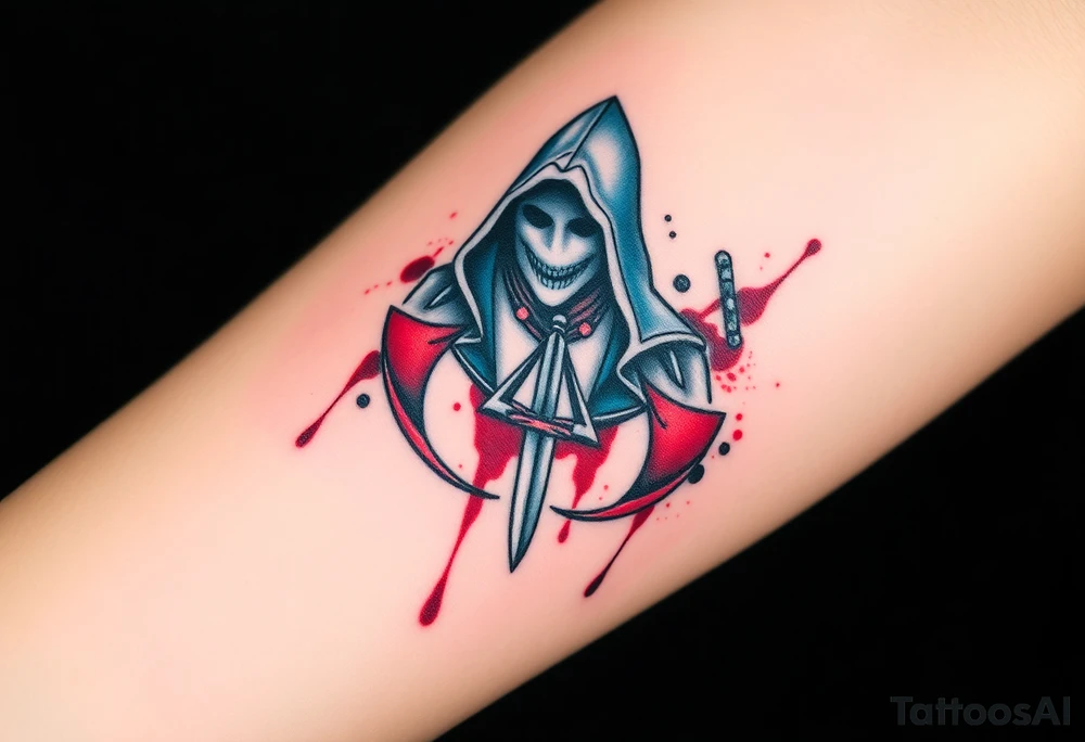 Assassins Creed emblem with hooded character, NO FACE, with blood splashes and a sword tattoo idea