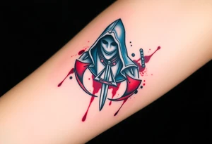 Assassins Creed emblem with hooded character, NO FACE, with blood splashes and a sword tattoo idea