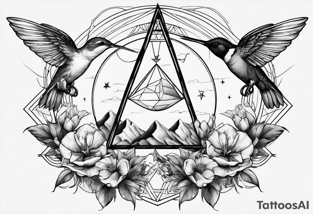 Two triangles with one unclosed, crescent moon, compass, one hummingbird tattoo idea