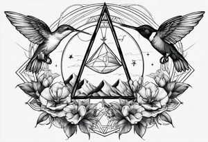 Two triangles with one unclosed, crescent moon, compass, one hummingbird tattoo idea