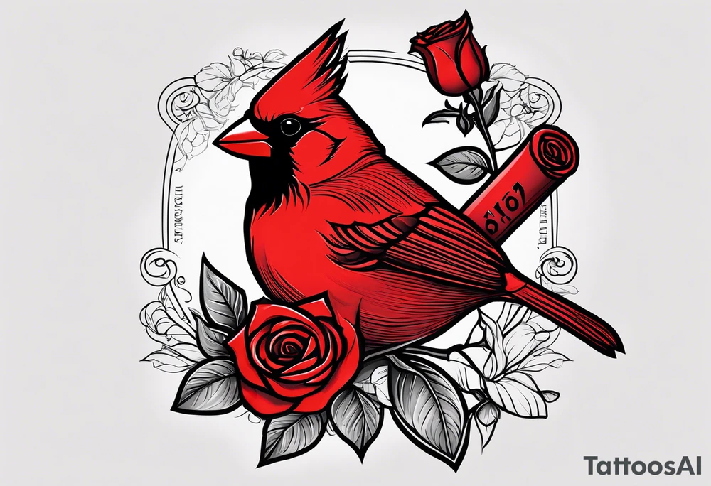 Bible verse Joshua 1:9 and John 3:16 written out with a red cardinal and red rose left arm sleeve tattoo idea