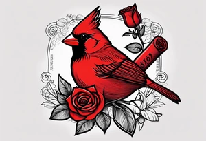 Bible verse Joshua 1:9 and John 3:16 written out with a red cardinal and red rose left arm sleeve tattoo idea