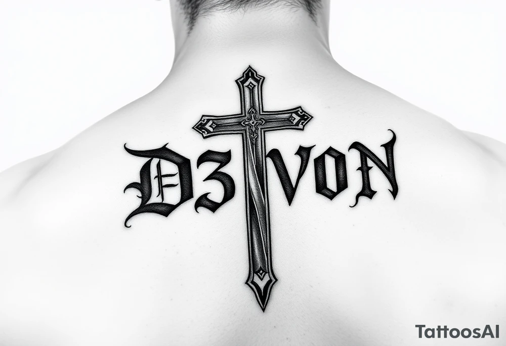The name D3von with a cross behind it tattoo idea