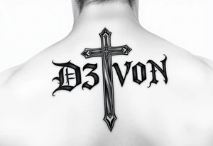 The name D3von with a cross behind it tattoo idea