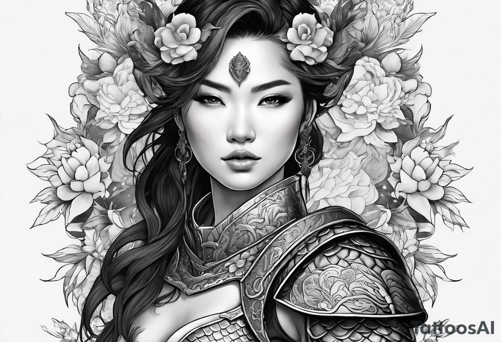 beautiful warrior woman wearing dragon armor and a floral background and a dragon tattoo idea