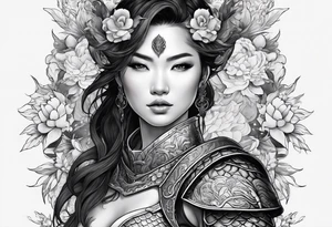 beautiful warrior woman wearing dragon armor and a floral background and a dragon tattoo idea