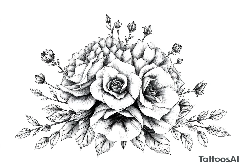 vintage bouquet of wild roses and meadow flowers with morning dew tattoo idea