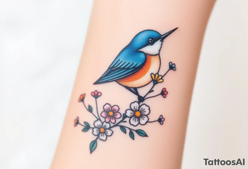 Bluebird with wild flowers tattoo idea