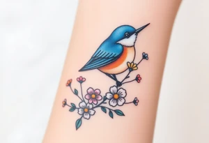 Bluebird with wild flowers tattoo idea