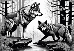 A Wolf and a raccoon are fighting
A crow ist watching them
Background Woods tattoo idea