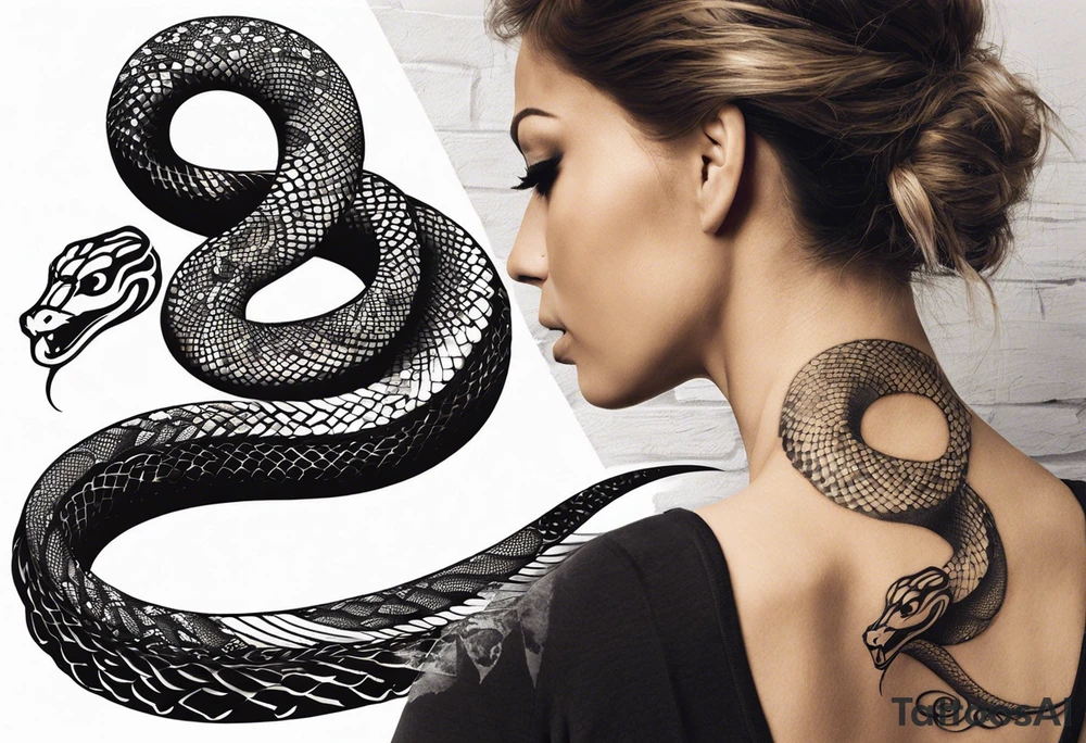 Create a detailed sketch of a snake tattoo. The design should feature a coiled snake with intricate scales and a dynamic, flowing pose. Emphasize the snake's head with a slightly menacing expression, its forked tongue flicking out. Include subtle shading to highlight the texture of the scales and give the design a sense of depth. The overall style should be clean and bold, suitable for a tattoo, with a focus on both artistic and anatomical accuracy. Consider incorporating elements like floral or geometric patterns in the background to complement the snake tattoo idea
